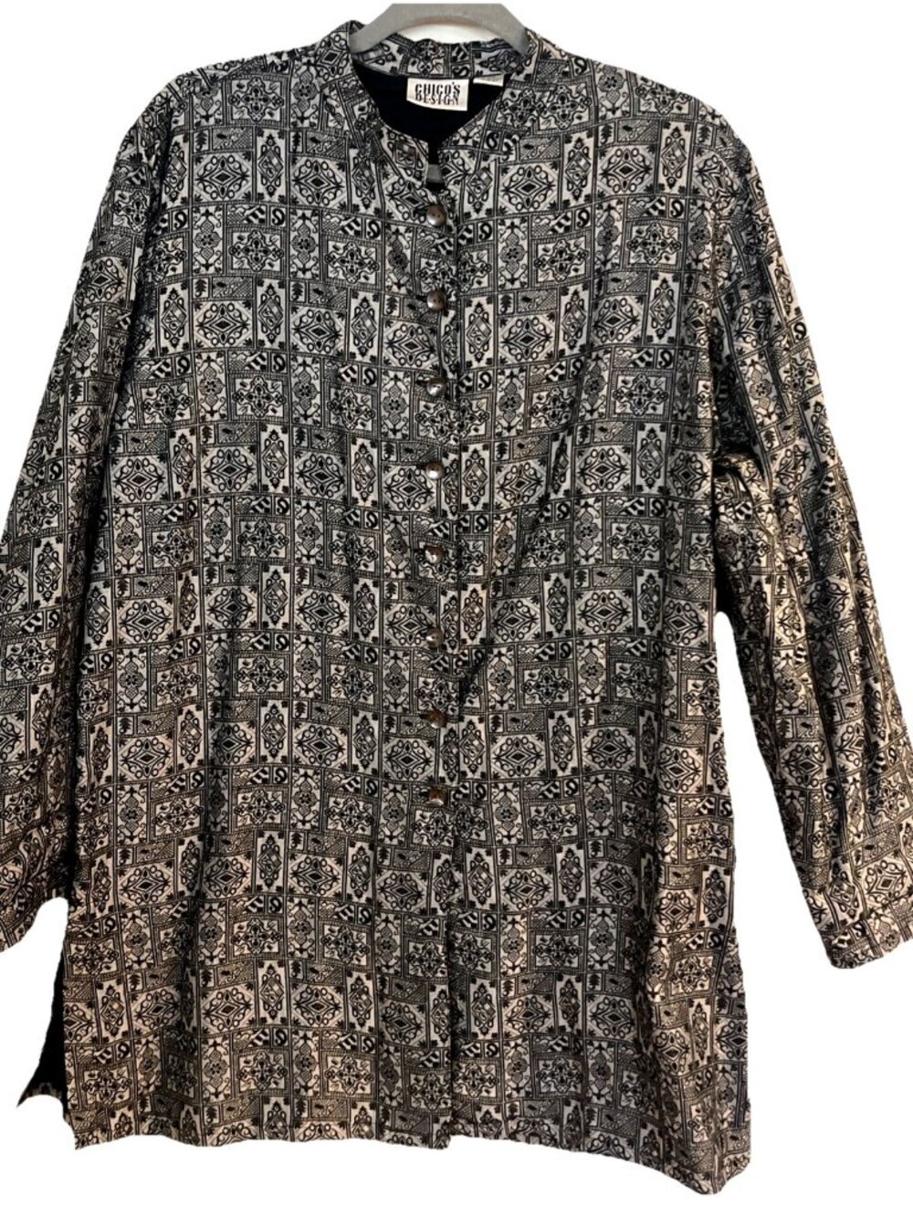 Chicos’s Design Tunic Jacket Womens 3 Black Silver Design Bohemian XL Button Up